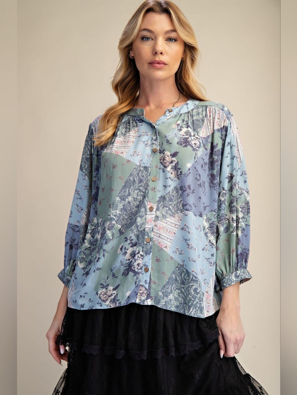 NWOT Easel Patchwork Floral Printed Blouse Top Size S